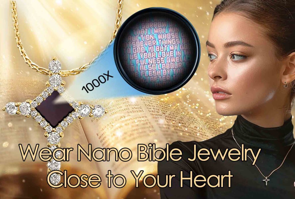 Nano Religious Jewelry Displayed in Golden Pendant with Magnified Text 